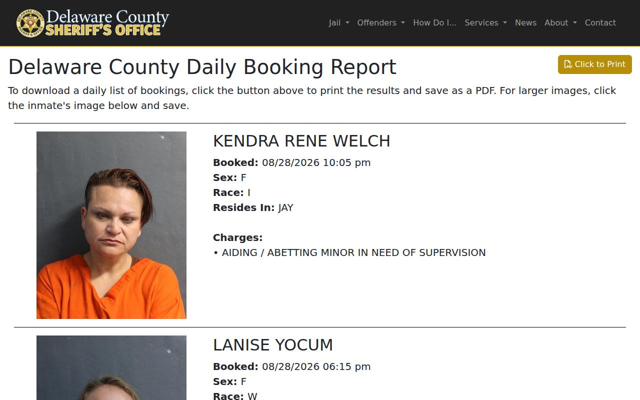 Delaware County booking report with recent booking record fields