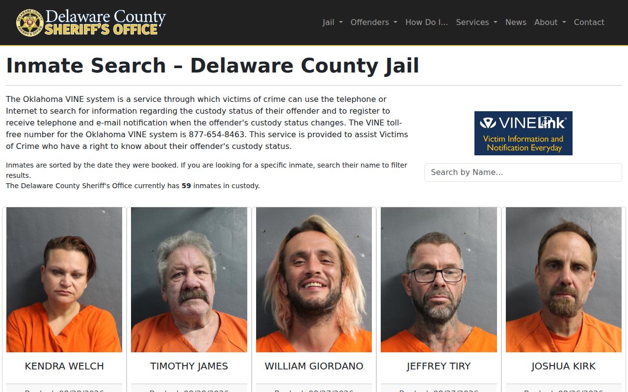Delaware County Jail current-custody inmate search and booking record interface
