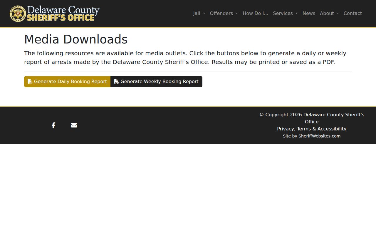 Delaware County Sheriff media resources page for booking records