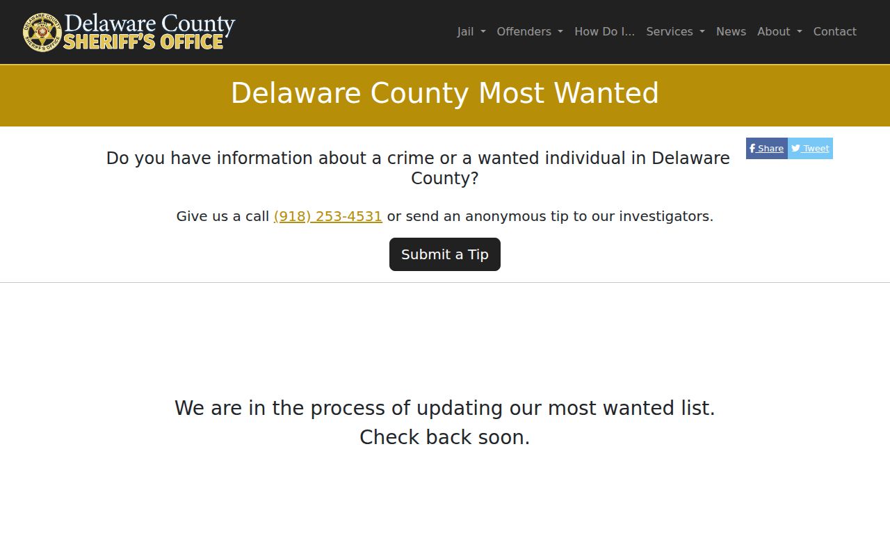 Delaware County Sheriff's Office Most Wanted record interface