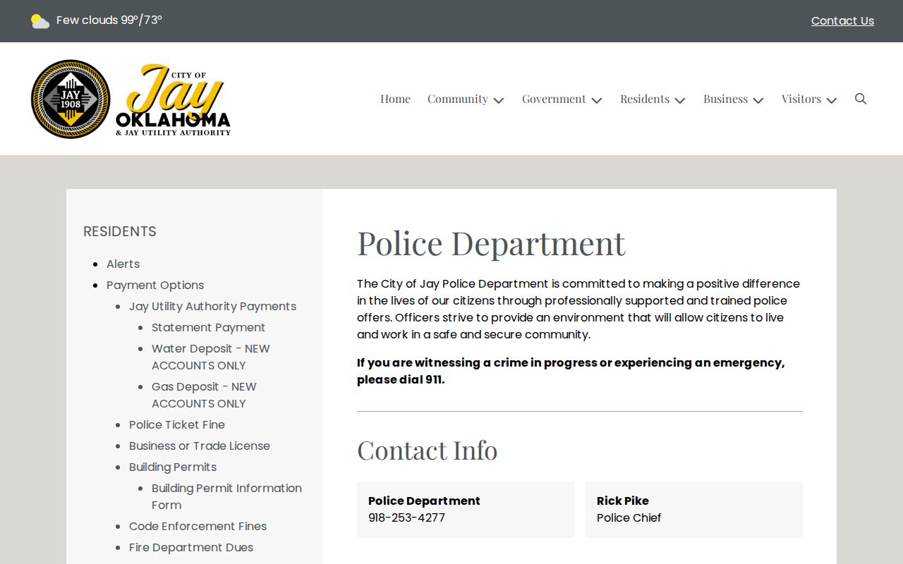 Screenshot of the official Jay Police Department page